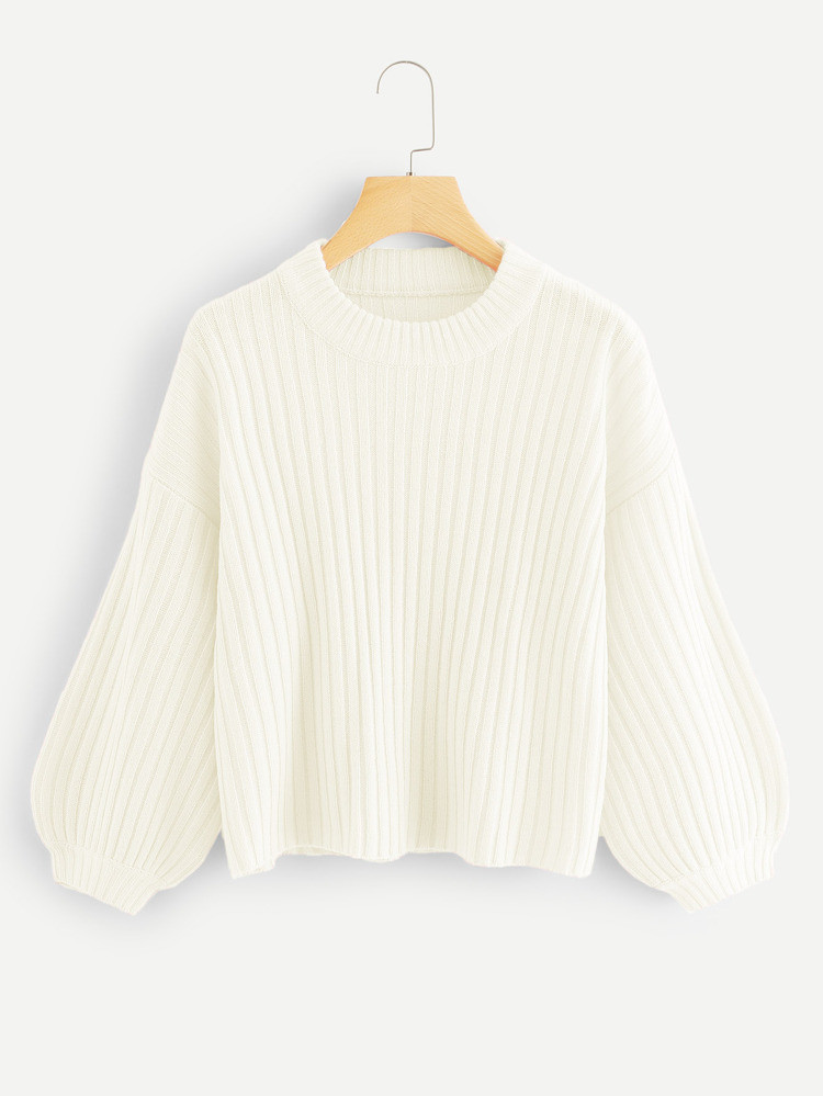 Bishop Sleeve Rib Knit Sweater | SHEIN