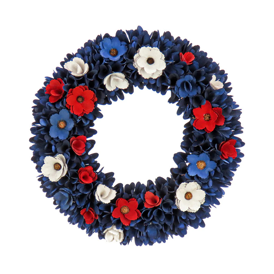 20 in. Patriotic Wreath Decoration with Red, White and Blue Flower Blooms, Blue Petals | National Tree Company