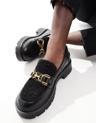 London Rebel Roxy chunky loafers with teddy fur in black | ASOS (Global)