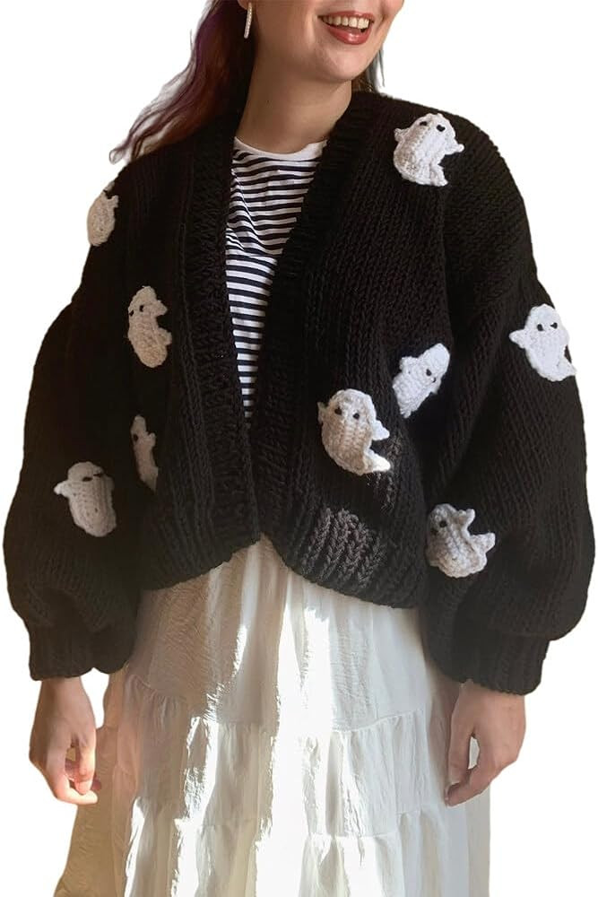 Women Ghost Halloween Cropped Long Sleeve Open Front Knitt Cardigan Sweater | Amazon (US)