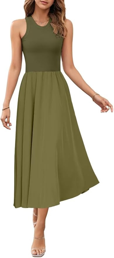 Women's Summer Sleeveless Tank Dress Midi Dresses Square Neck Ribbed Tops A Line Flowy Pleated Ba... | Amazon (US)