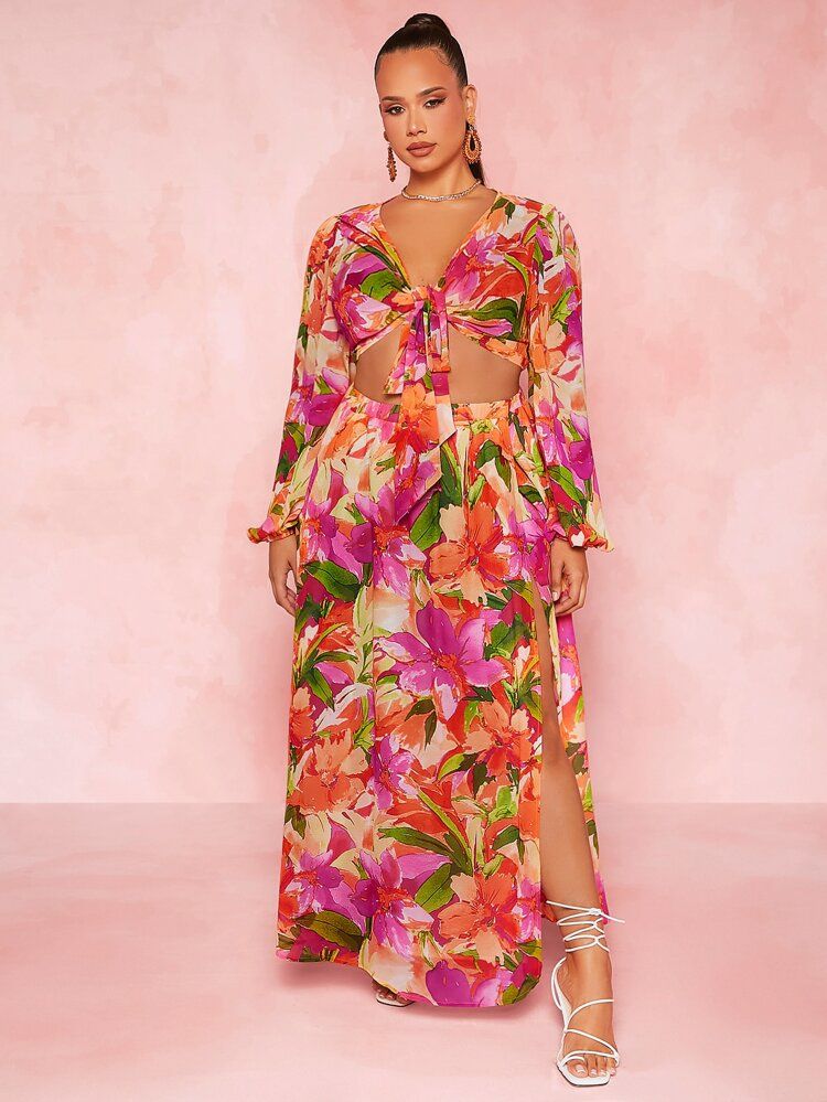 SHEIN SXY Plus Floral Print Knot Front Crop Top & Split Thigh Skirt | SHEIN