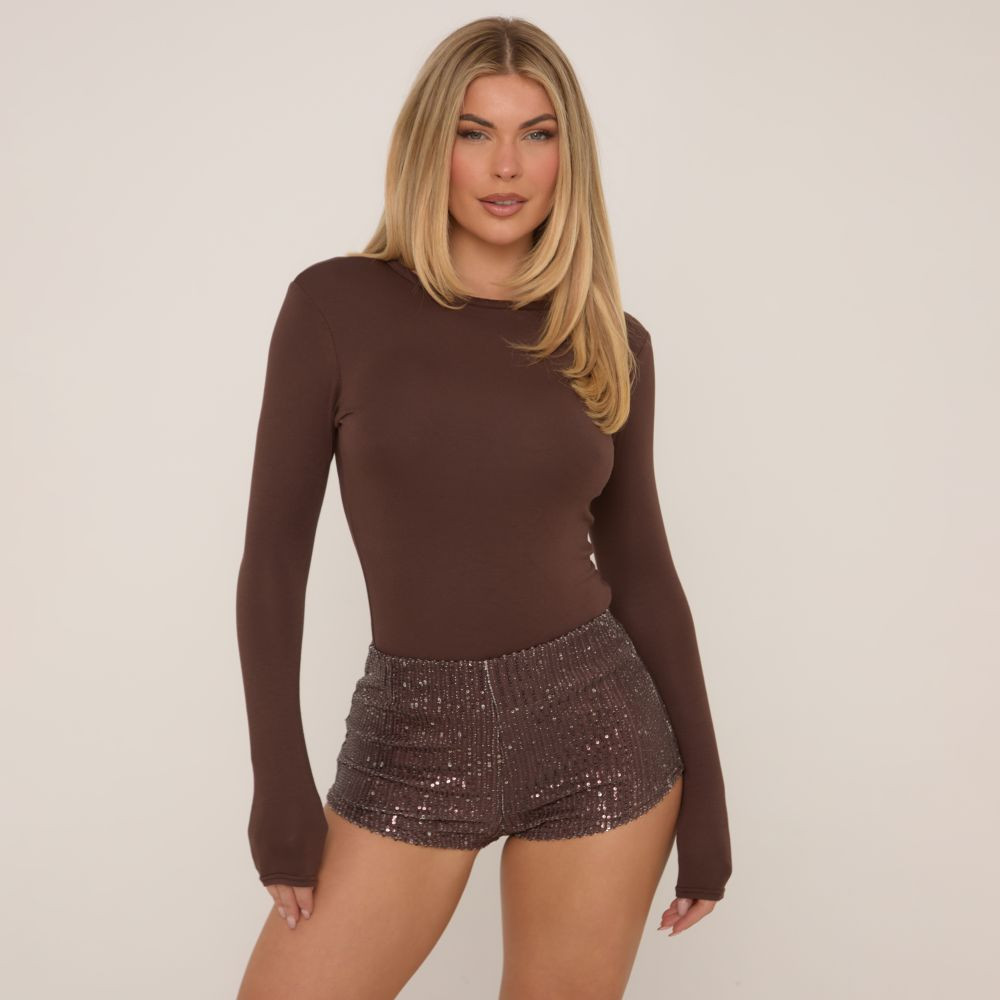 Mid Rise Hot Pant Shorts In Chocolate Brown Sequin | EGO (UK)