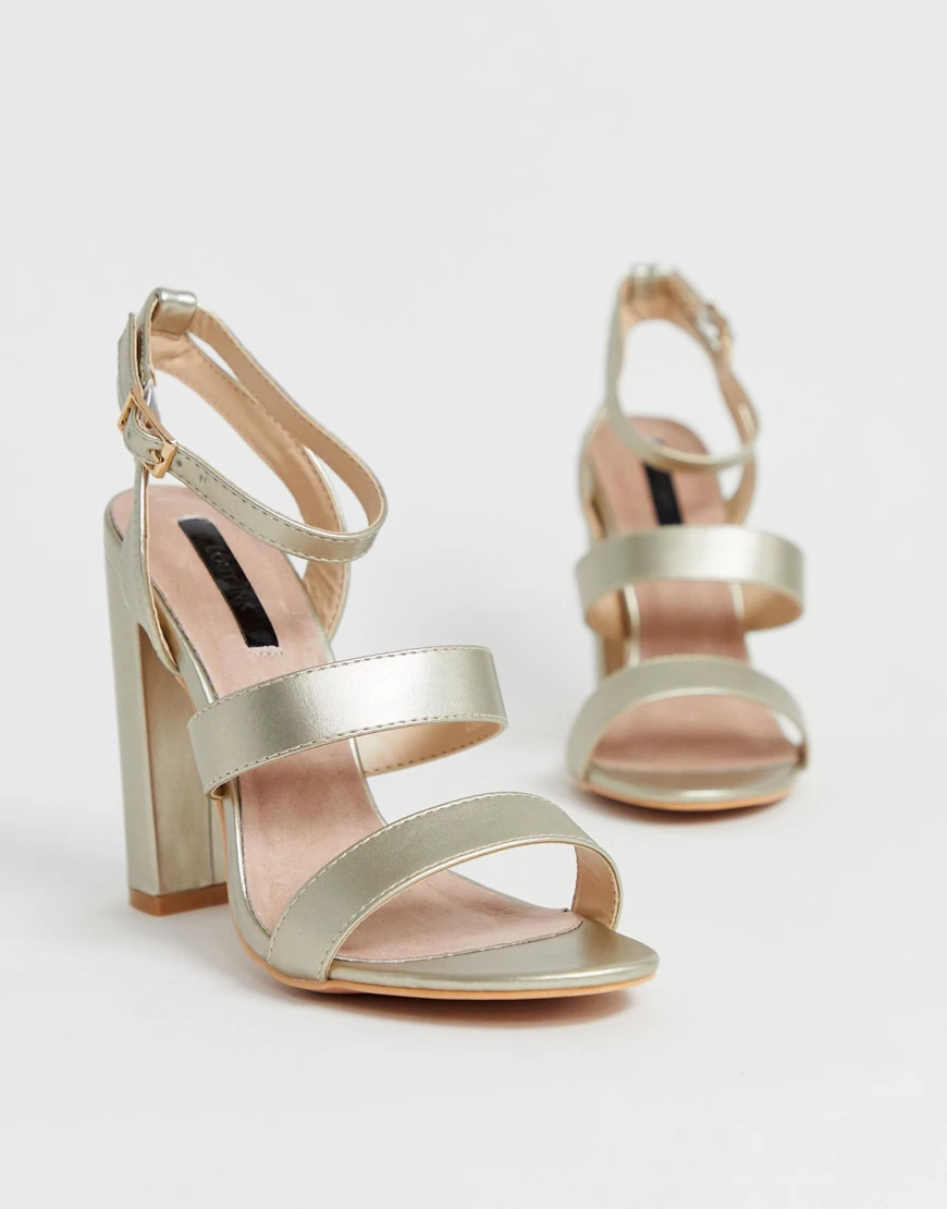 Lost Ink strappy block heeled sandal in gold | ASOS (Global)