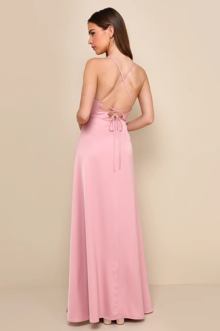 So Loving Pink Satin Pleated Lace-Up Backless Maxi Dress | Lulus