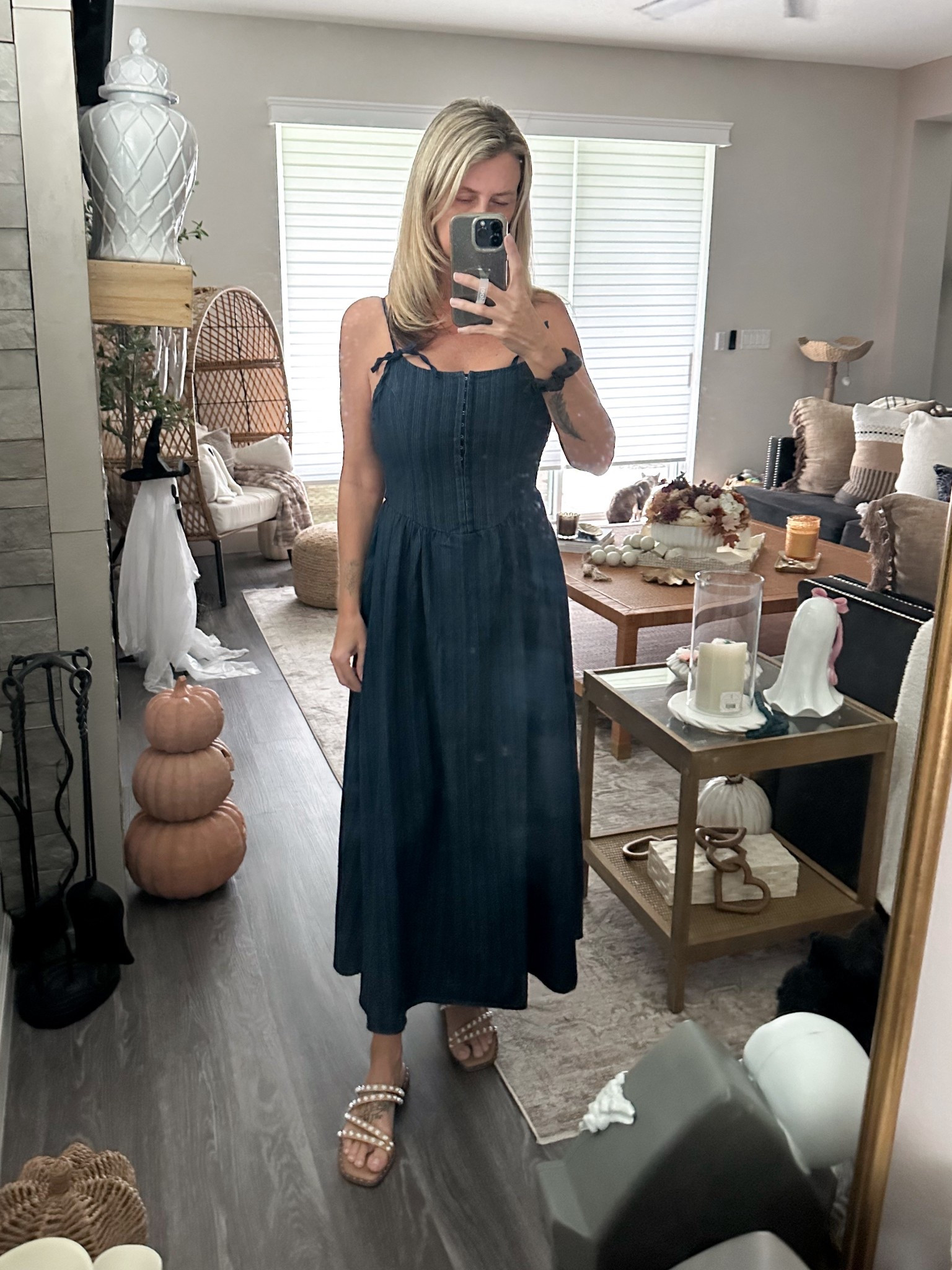 Denim mid length dress, bow strap details, love the dark denim with striped texture #denim #jeandress #denimdress #wiw .#ootd #dress #midlengthdress #mystyle #over40fsshion  

#LTKStyleTip #LTKOver40 #LTKSeasonal