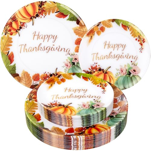 Joyido 60PCS Thanksgiving Plastic Plates - Heavy Duty Fall Plastic Plate - Fancy Pumpkin Disposable Plates Include 30 Dinner & 30 Dessert Plate for Autumn Friendsgiving Harvest Party Decor | Amazon (US)