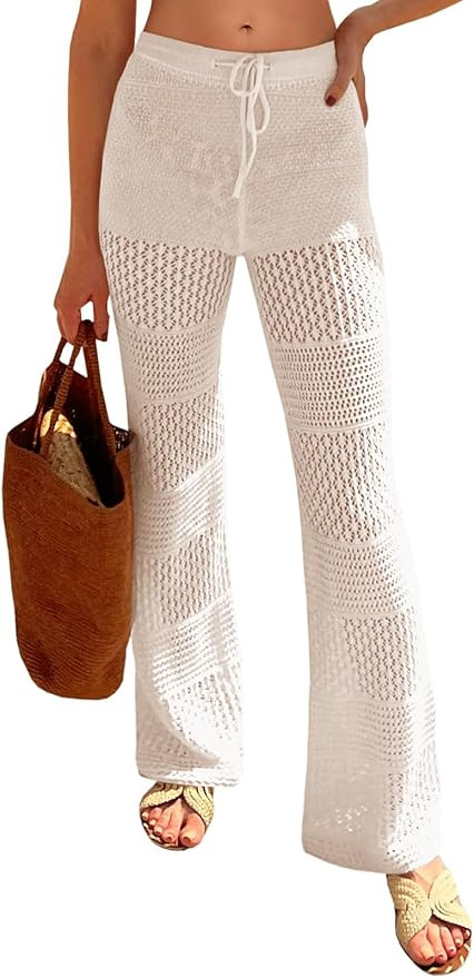 Saodimallsu Womens Beach Cover Up Pants Boho Crochet Knit High Waist Drawstring Sheer Hollow Swim... | Amazon (US)