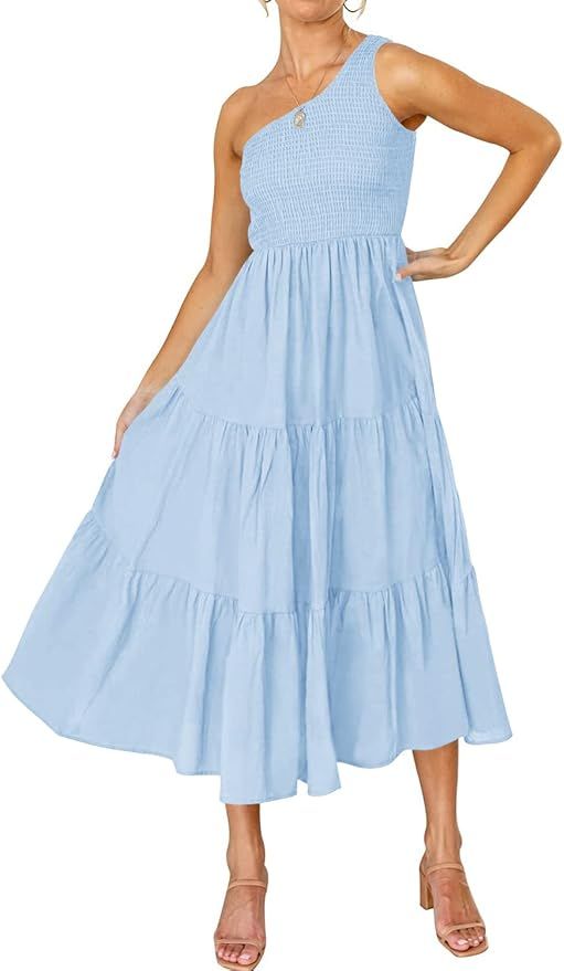 Yanekop Women Boho One Shoulder Maxi Dress Sleeveless Smocked Flowy Tiered Summer Beach Dresses | Amazon (US)