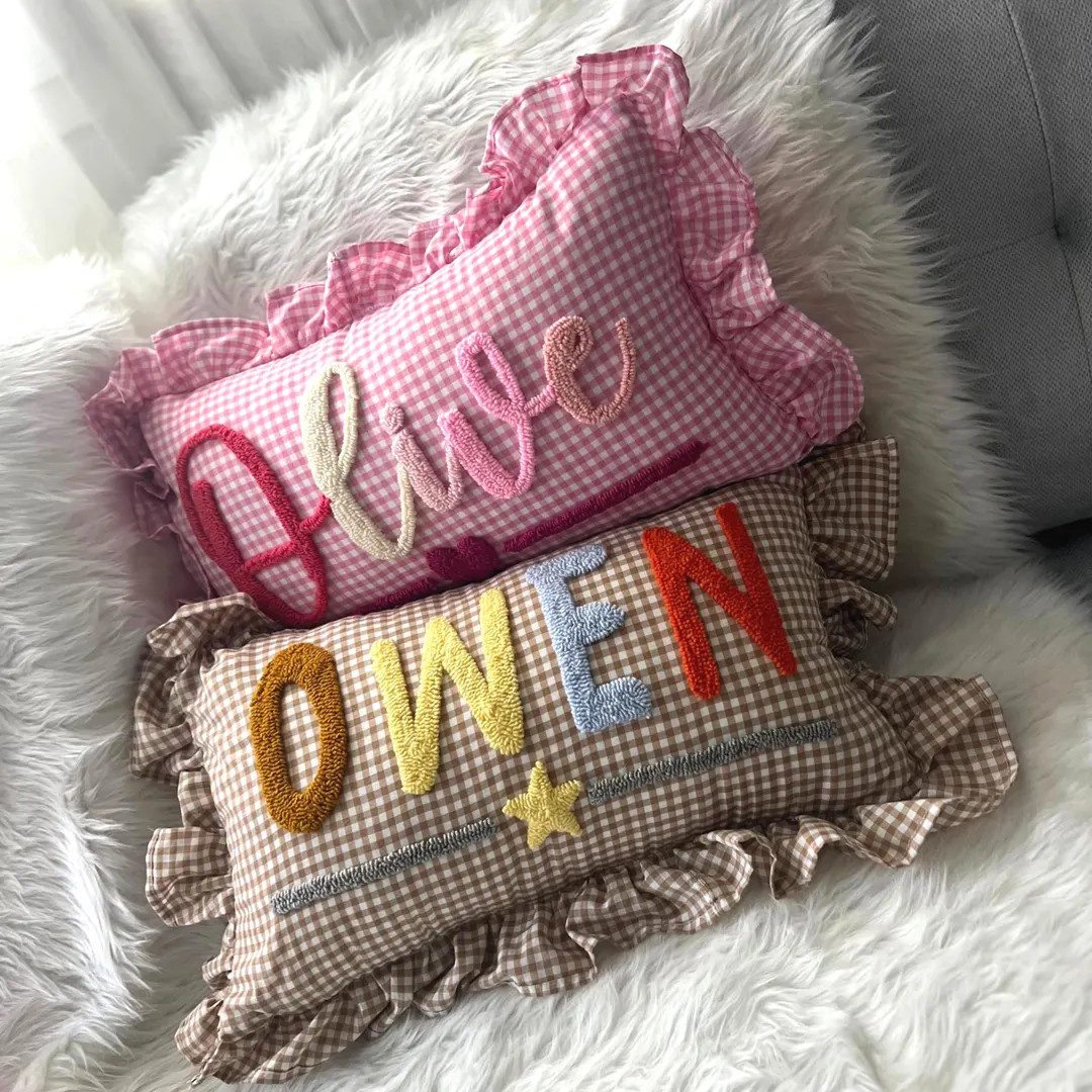 Custom Name Gingham Pillow, Ruffle Kids Pillow, Gingham Bedroom Decor, Preppy Graduation Gift Ide... | Etsy (US)