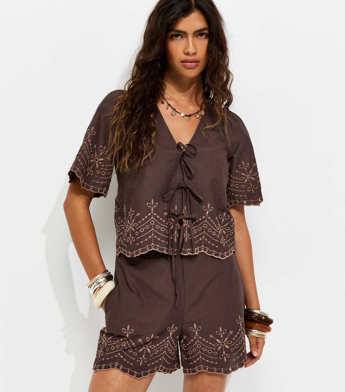 Brown Cotton Embroidered Scalloped Hem Tie Blouse | New Look | New Look (UK)