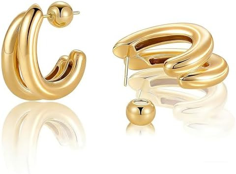 Gold Hoop Earrings for Women - Chunky Earrings 14K Gold Plated Earrings Trendy Hoops Small Thick ... | Amazon (US)