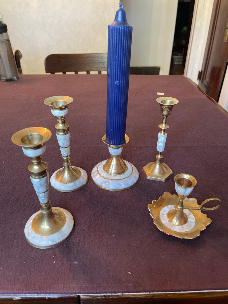 Mother pearl inlaid brass candle holders# | Etsy (US)