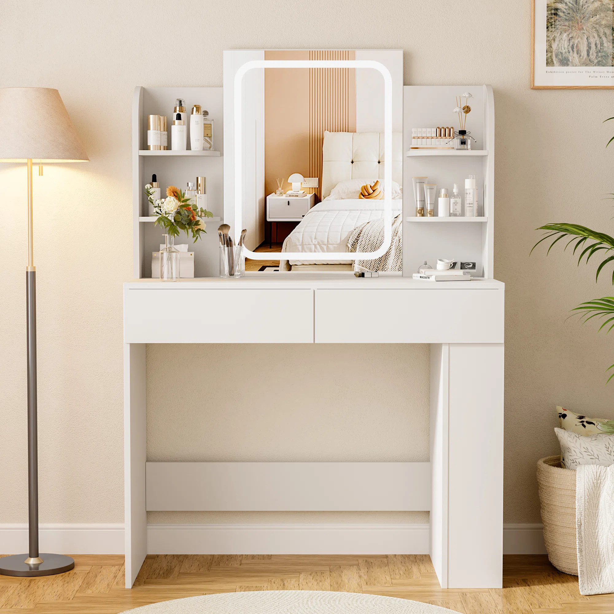 Vanity Desk with Mirror and LED Lights, Makeup Vanity Table with 3 Lighting Color, Adjustable Bri... | Wayfair North America