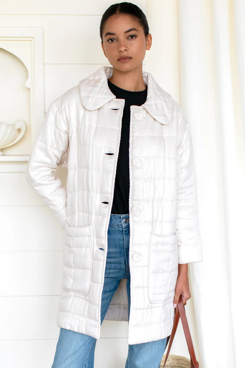 Long Quilted Jacket - Ivory Linen | Emerson Fry