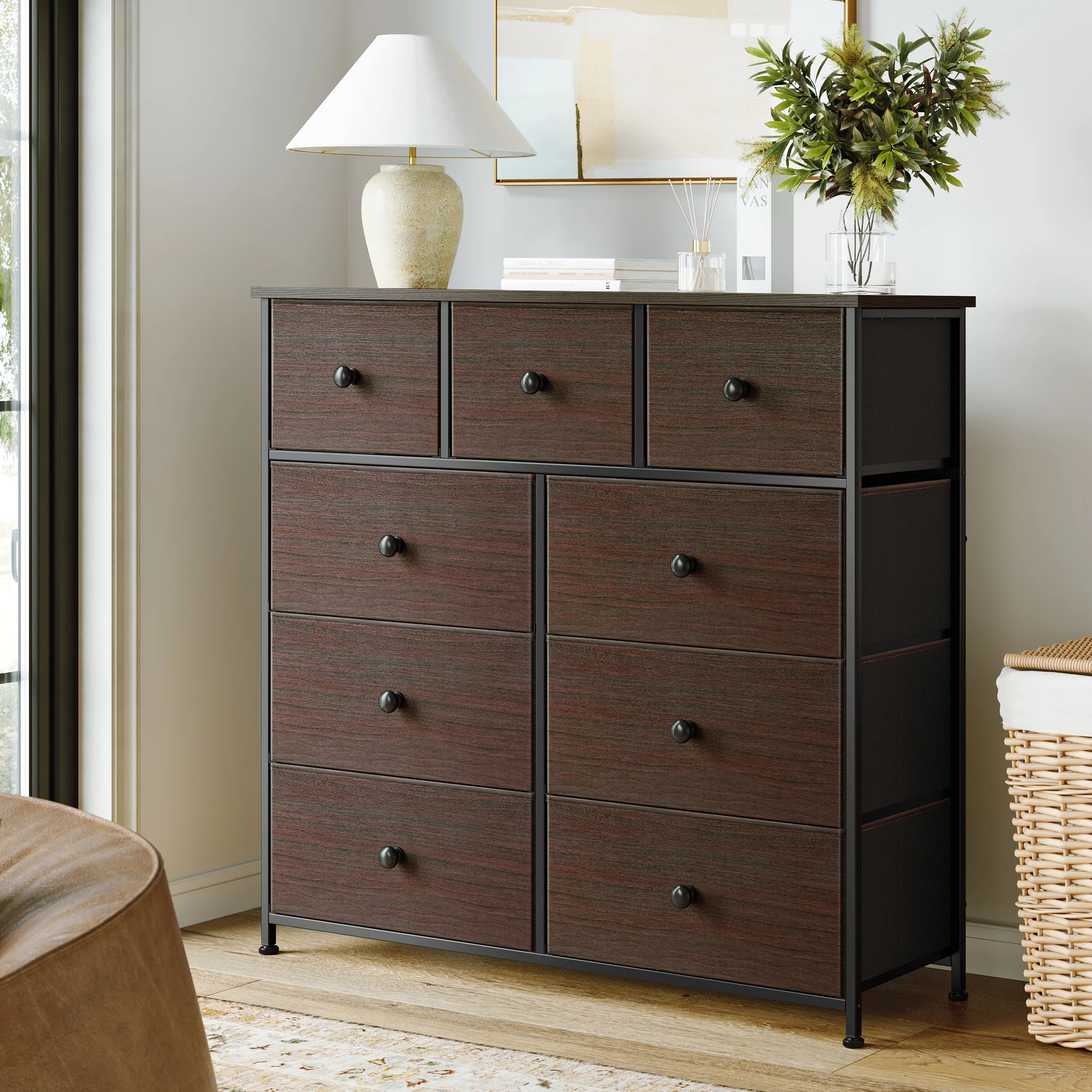 Ojaswi 9 Dresser, Chest of Drawers with Wide 39'', Easy-Pull Fabric & Wood Dressers with Top | Wayfair North America