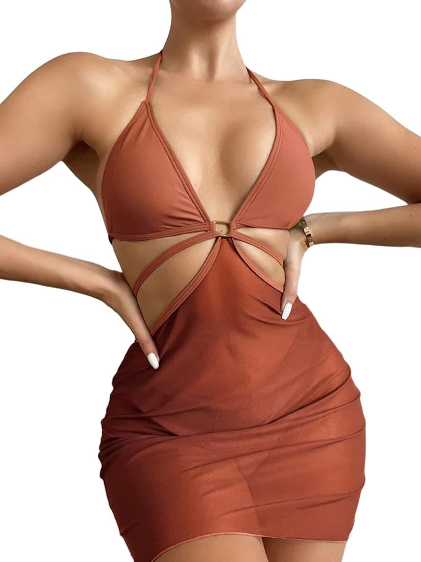 Avanova Women's Halter Bikini Sexy String Triangle Bathing Suits with Mesh Beach Skirt 3 Piece Sw... | Amazon (US)