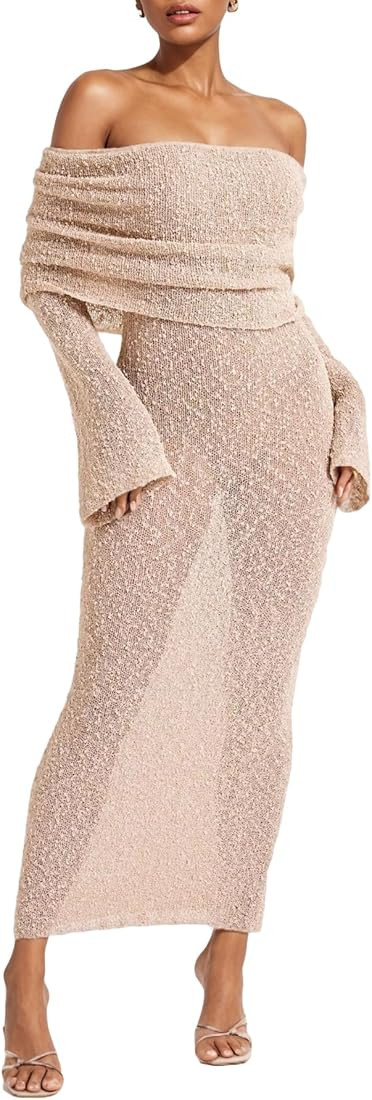 LETSVDO Women's Off Shoulder Maxi Dress Long Sleeve Bodycon Knit Crochet Mesh Sweater Sexy Vacati... | Amazon (US)