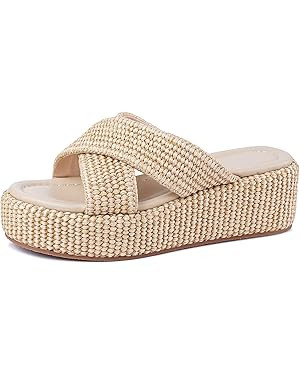 DREAMSTORY Women's Platform Sandals Round Toe Slip On Raffia Espadrilles Wedge Slides Comfortable... | Amazon (US)