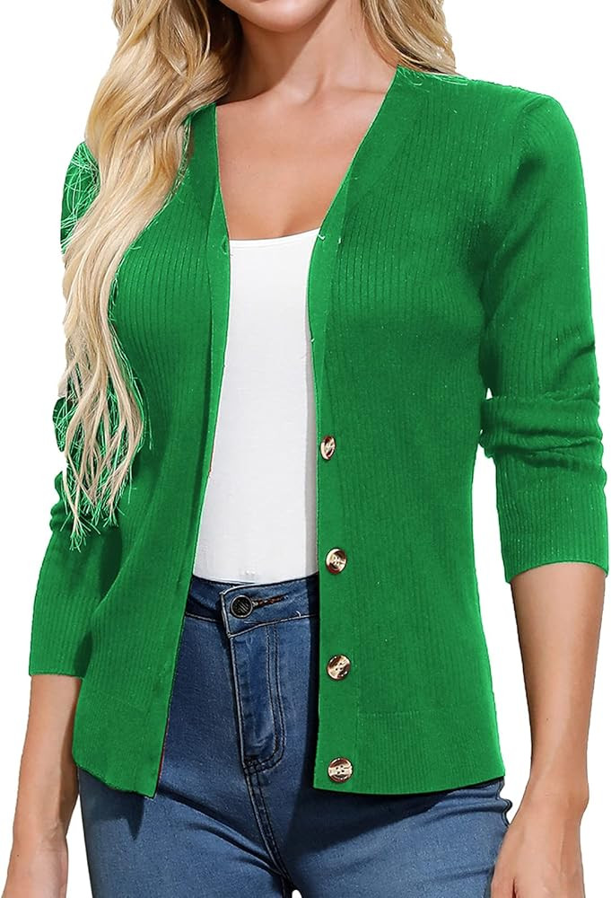 GRACE KARIN Women's Button Down Vee Neck Long Sleeve Rib Knit Cardigan Sweaters | Amazon (US)