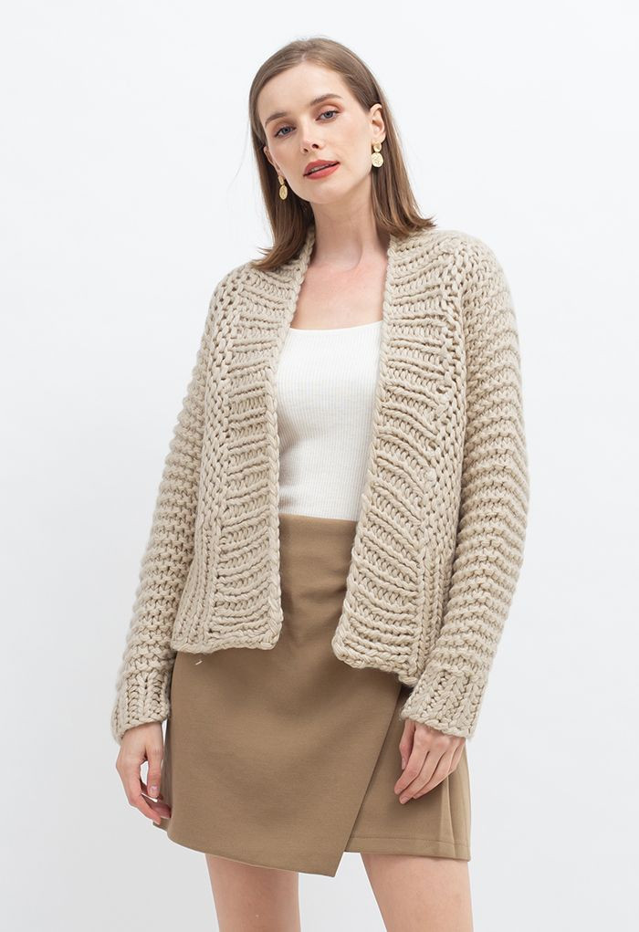Solid Color Hand-Knit Chunky Cardigan in Camel | Chicwish