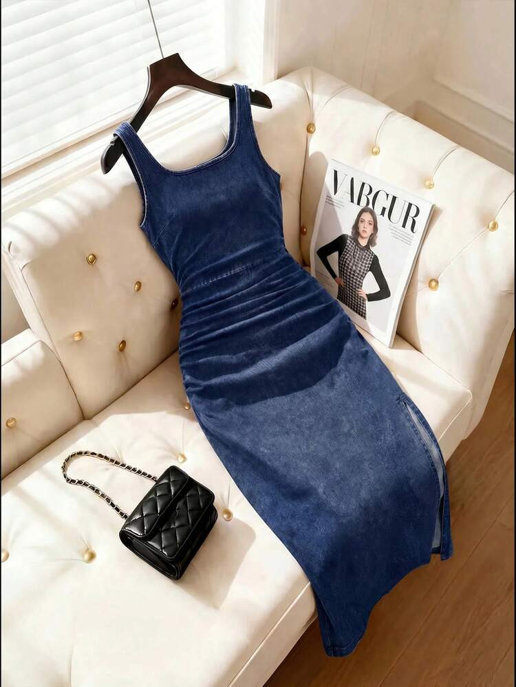 SHEIN MOD Women's Navy Blue Denim Dress,Summer Casual Everyday Pleated Scoop Neck Fitted Sleevele... | SHEIN