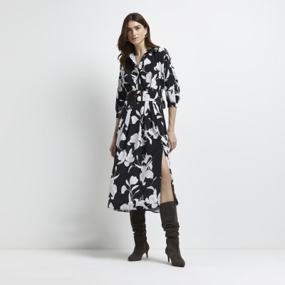 Black floral print belted shirt midi dress | River Island (UK & IE)