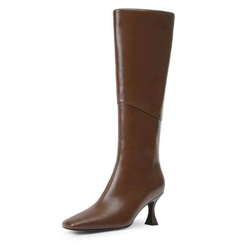 Modatope Brown Tall Knee High Boots for Women - Square Toe, Stiletto Heel, Size 9.5 | Amazon (US)