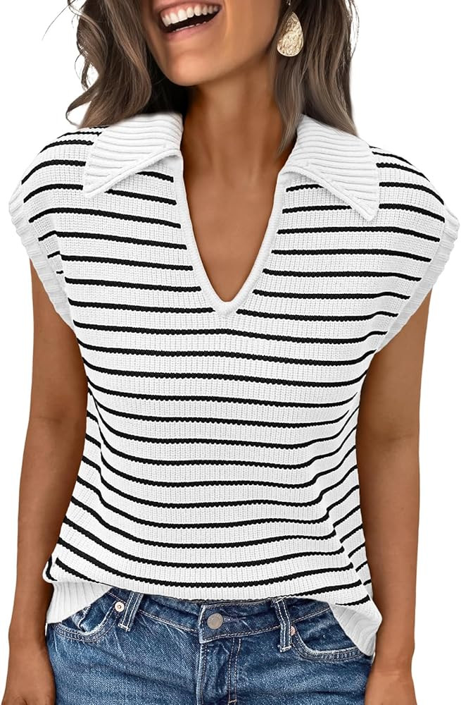 LILLUSORY Women's V Neck Cap Sleeve Sweater Vest Sleeveless Collared Striped Knit Tank Tops 2025 ... | Amazon (US)