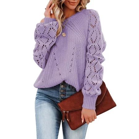Aleumdr Women s Purple Crochet Sweater Crewneck Long Sleeve Knit Pullover Sweaters Top M | Walmart (US)