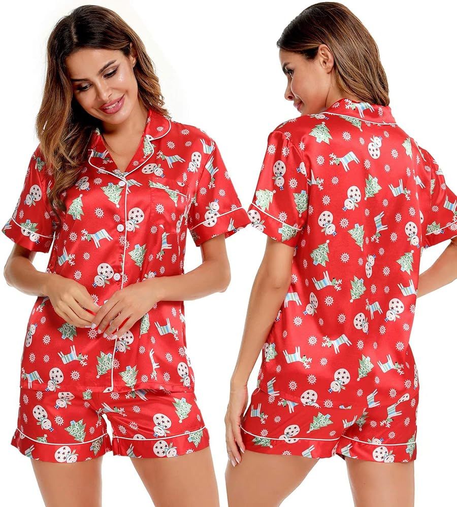 SWOMOG Womens Silk Satin Pajamas Set Two-Piece Pj Sets Sleepwear Loungewear Button-Down Pj Sets | Amazon (US)