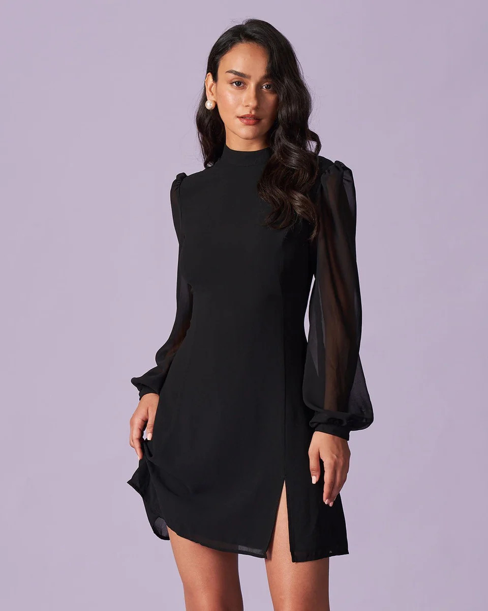 The Black Stand Collar Sheer Slit Mini Dress | rihoas.com