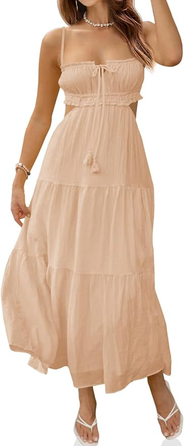 Fisoew Women's Spaghetti Strap Maxi Dress Summer Sleeveless Side Cut Out Dress Casual Boho Backle... | Amazon (US)