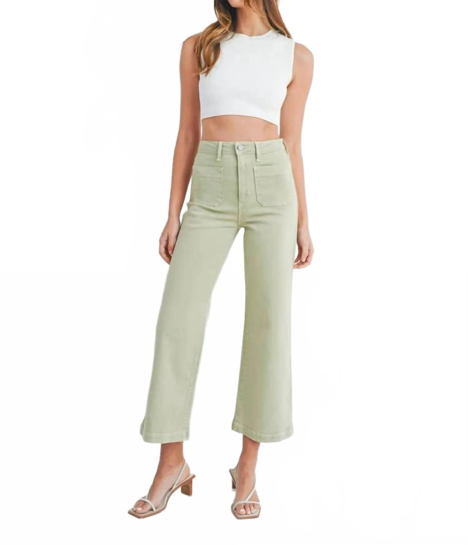 High Rise Patch Pocket Wide Leg Jeans In Light Sage | Shop Simon