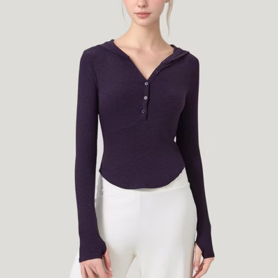 Anna-Kaci Active Women's Long Sleeve Henley Hoodie Activewear Top with Streamlined Fit and Lightweight Stretch Fabric - Medium, Purple | Target