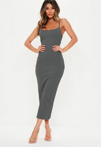 Gray Ribbed Strappy Bodycon Midi Dress | Missguided (US & CA)
