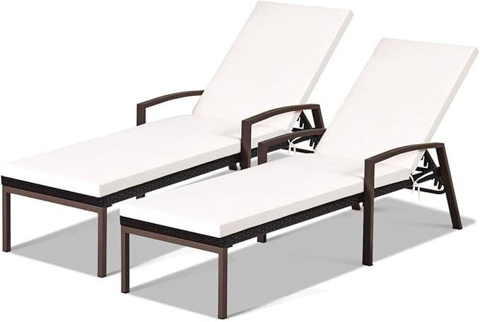 COSTWAY 2PCS Rattan Lounge Chair Outdoor, Patio Wicker Chaise Lounge with 5-Position Adjustable B... | Amazon (US)