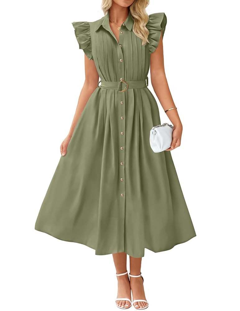 ZESICA Women's 2025 Summer Boho Button Midi Dresses Casual V Neck Flutter Sleeve Belted Long Dres... | Amazon (US)