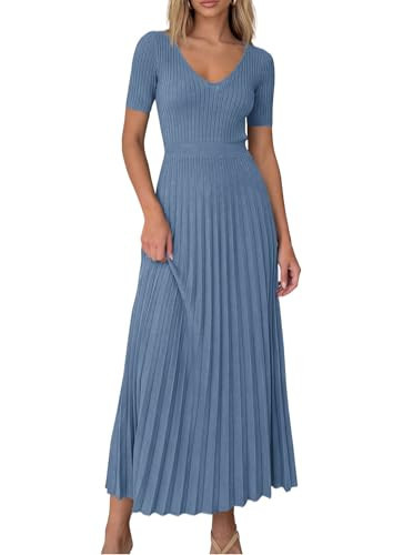 PRETTYGARDEN Women's 2026 Spring Midi Sweater Dresses Elegant Pleated Ribbed Knit Short Sleeve V Neck A Line Summer Outfits (Dusty Blue,Small) | Amazon (US)