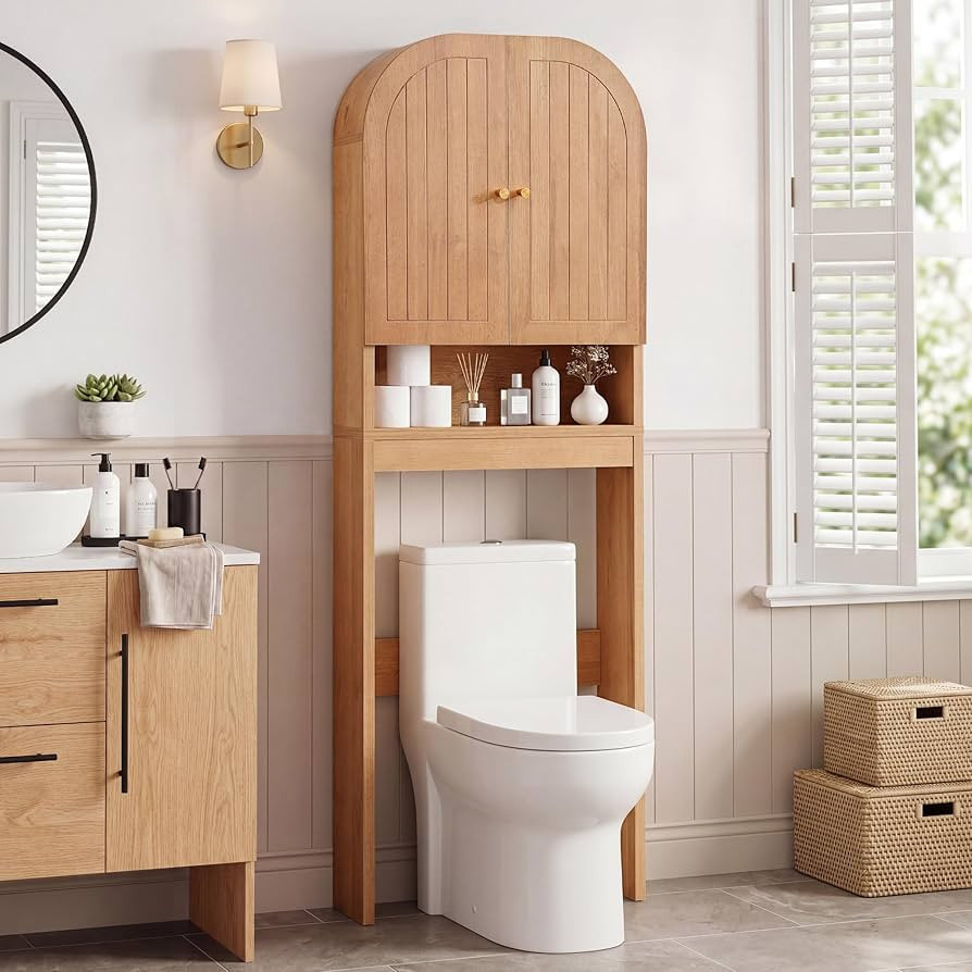 Over the Toilet Storage Cabinet, 70" Tall Bathroom Space Saver with Fluted Grooved Doors, Freesta... | Amazon (US)