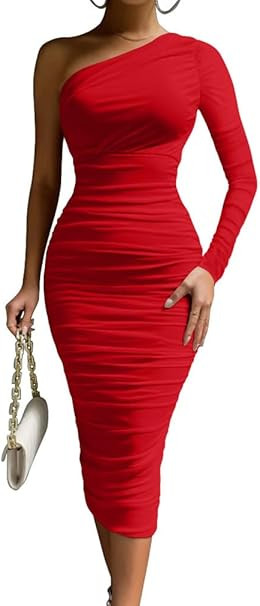 LAGSHIAN Women's Elegant Bodycon One Shoulder Long Sleeve Ruched Midi Cocktail Party Dress | Amazon (US)