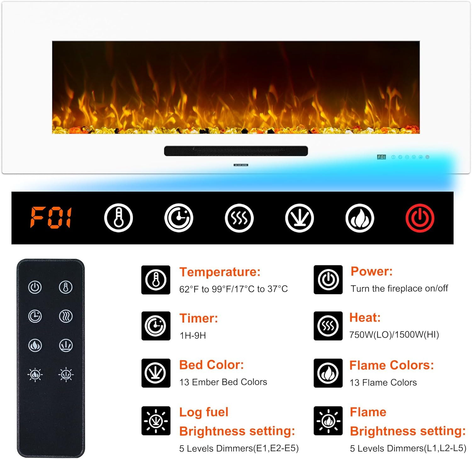 50 inch Electric Fireplace, Recessed & Wall Mounted Fireplace Heater with Remote Control and 750/... | Amazon (US)