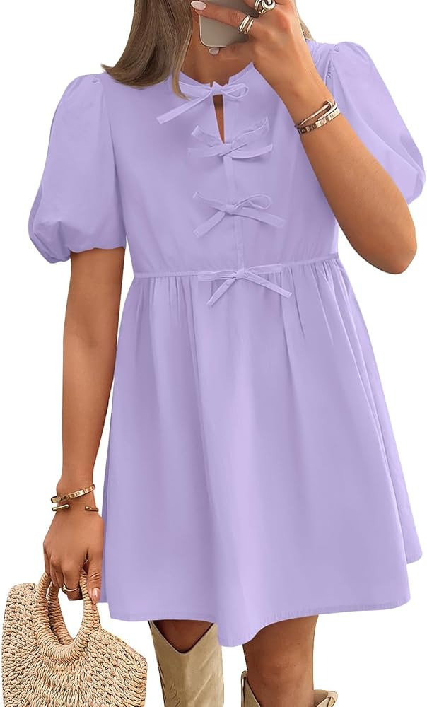 ZESICA Women's Summer Short Sleeve Tie Front Mini Dress Cute Babydoll Ruffle Pleated A Line Tunic... | Amazon (US)