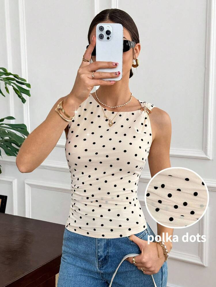 Serisse Women's Polka Dot Sleeveless Tank Top,Beige Summer Elegant Brunch Asymmetric Fitted Stretchy Ruched Casual Blouse,Party,Beach,Wedding,Formal,Business | SHEIN