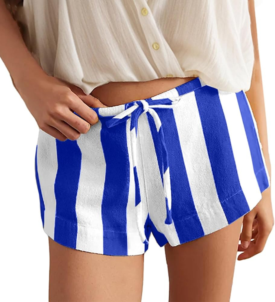 Women Striped Print Boxer Shorts Drawstring Low Rise Lounge Pajama Shorts Wide Leg Summer pj Shor... | Amazon (US)