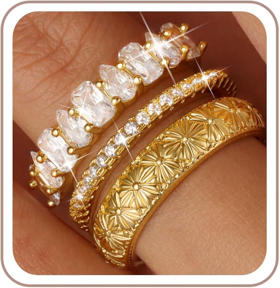 PLOMFOV Stackable Gold Rings for Women Non Tarnish Chunky Cubic Zirconia 14K Gold Plated Ring Set... | Amazon (US)