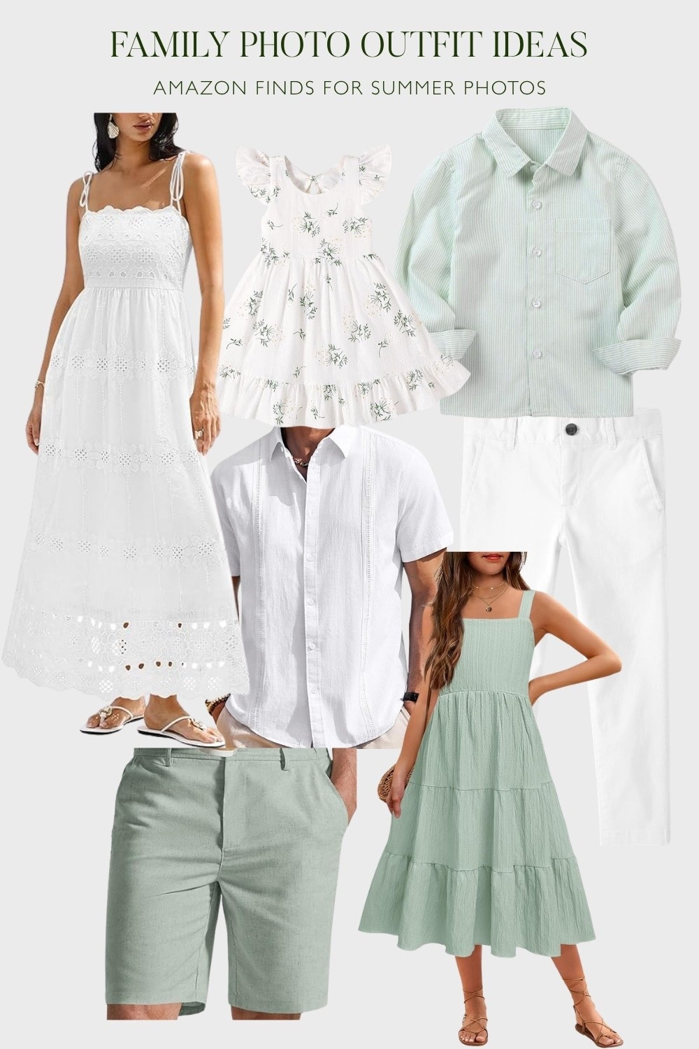 Summer family photo outfits from Amazon — sage and white palette
Everything you need to dress the whole family for summer photos, all in one place. This sage green and white combination is easy to coordinate and photographs beautifully outdoors. White eyelet dress for mom, linen button-up for dad, tiered sage dress for older girls, white floral dress for toddlers, and sage separates for boys. Shop all the pieces below.

#LTKmomlife #LTKSeasonal #LTKKids