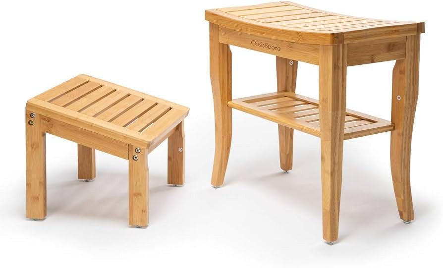 OasisSpace Bamboo Shower Bench with Underneath Storage Shelf, Wood Spa Bath Organizer Seat with F... | Amazon (US)