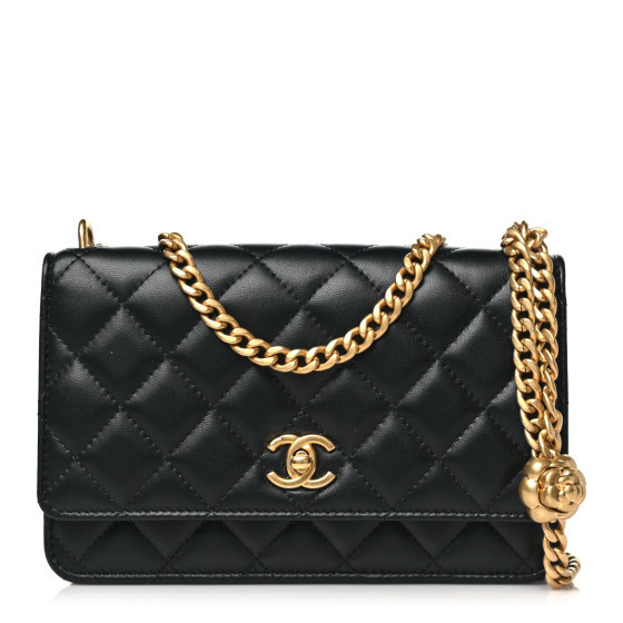 CHANEL Lambskin Quilted Sweet Camellia Wallet On Chain WOC Black | FASHIONPHILE | FASHIONPHILE (US)