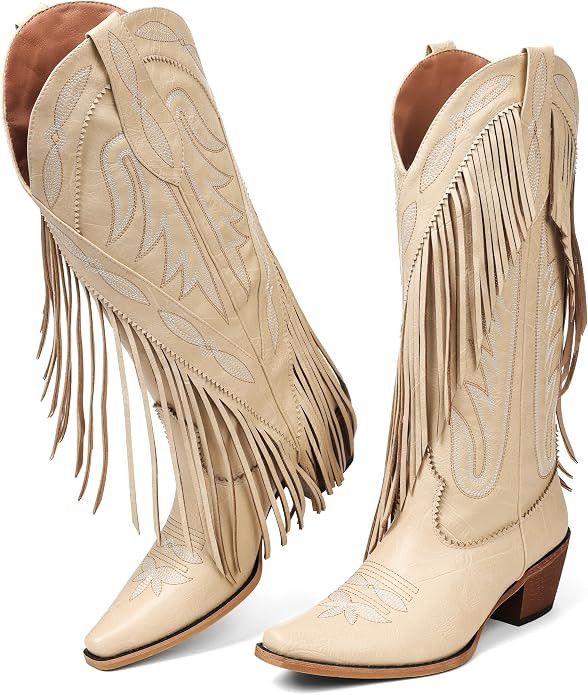 Cowgirl Boots for Women Retro Pointed Toe Pull On Block Chunky Heel Embroide Tassel Country Conce... | Amazon (US)